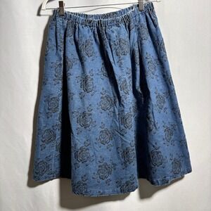 Vintage Blue Denim Rose Print Elastic Waist Skirt‎ Country Boho Retro Artsy XL*